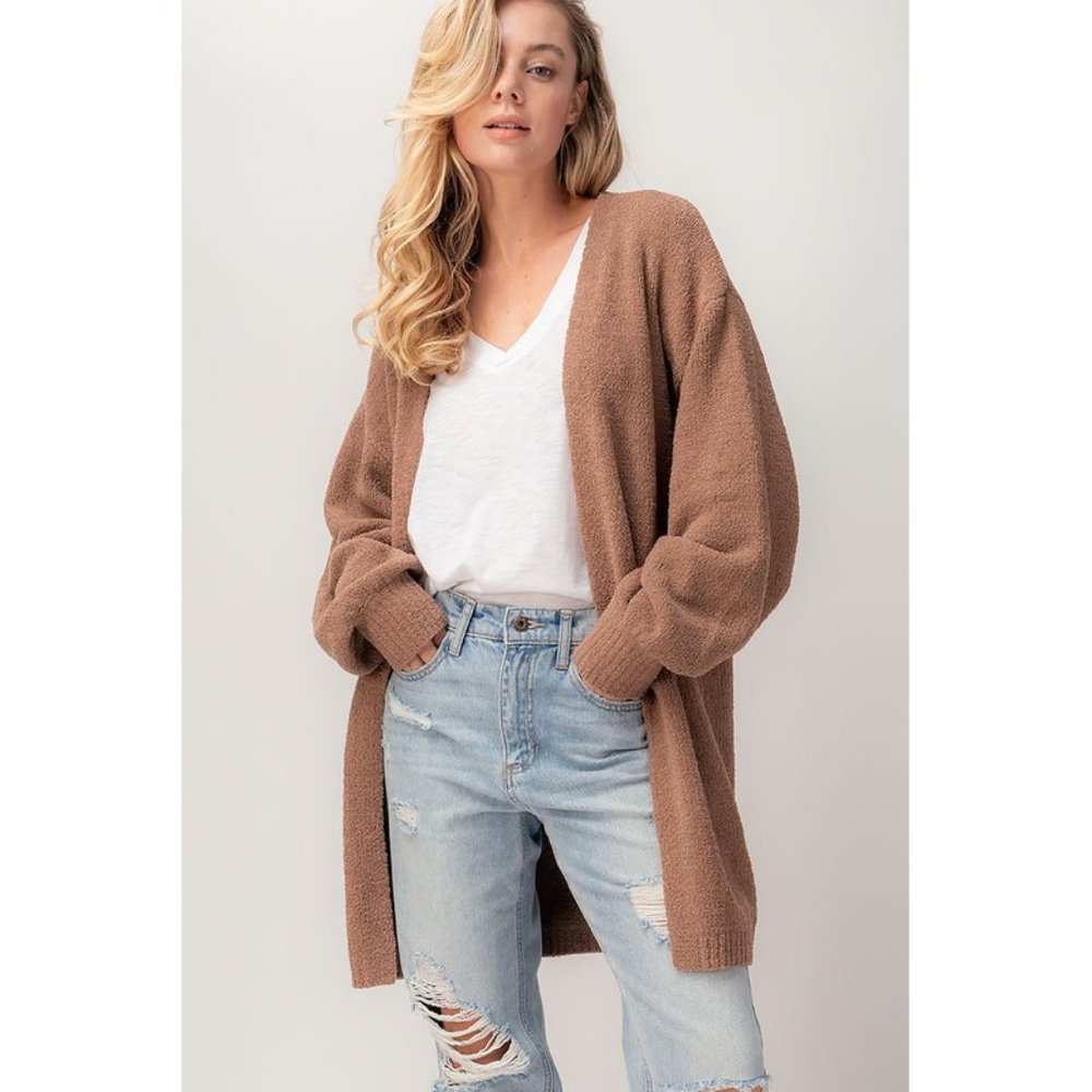 NEW Ultra Soft Bishop Sleeves Long Open Cozy Plush Sweater Cardigan Coco Brown - Picture 3 of 11